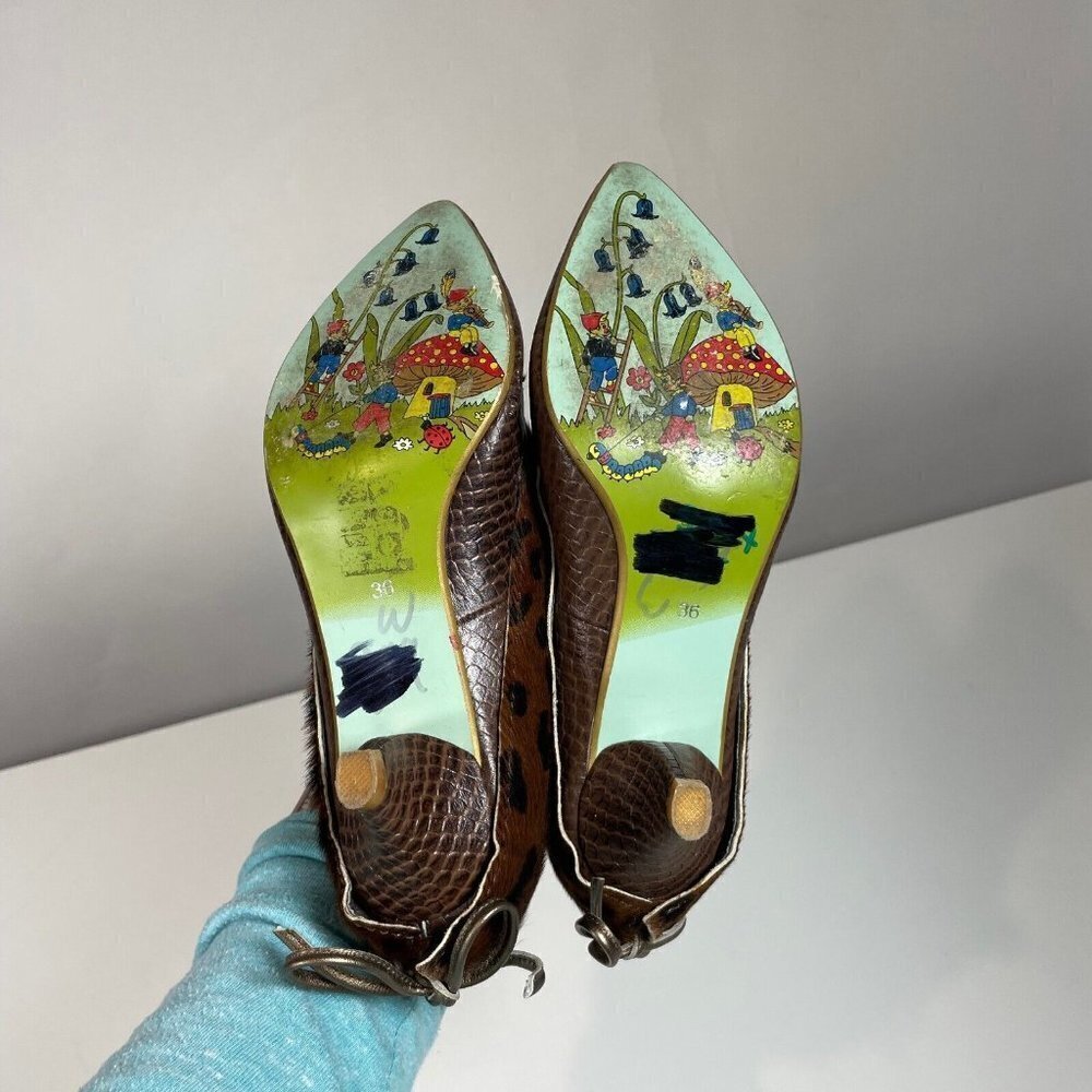 Irregular Choice Tie Up Leopard Print Fur Leather Bootie Brown 36 Pointed Toe - Picture 6 of 9